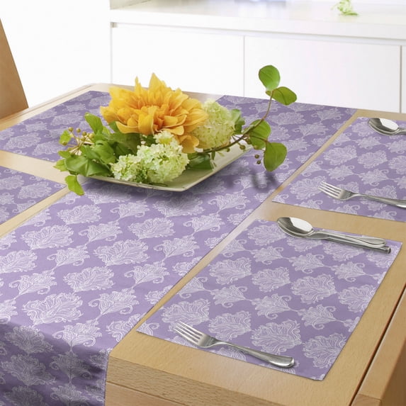 Ambesonne Abstract Table Runner & Placemats, Vintage Paisley Inspired, Placemat 4 pcs + Runner 14"x72", Pale Lilac and White