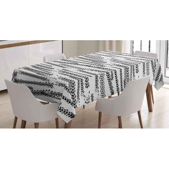 Ambesonne Abstract Tablecloth Rectangular Table Cover, Grunge Theme Tire Tracks, 60"x90", White and Charcoal Grey