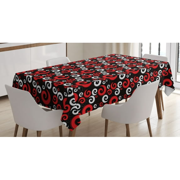 Ambesonne Abstract Tablecloth Rectangular Table Cover, Spirals and Dots Art, 60"x90", White Black and Vermilion