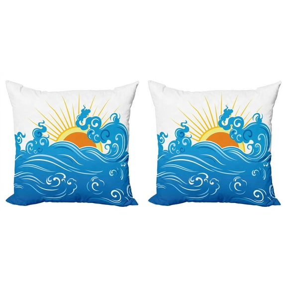 Ambesonne Abstract Throw Pillow Cover 2 Pack, Curved Ocean Waves Sun, 16", Blue Yellow Orange