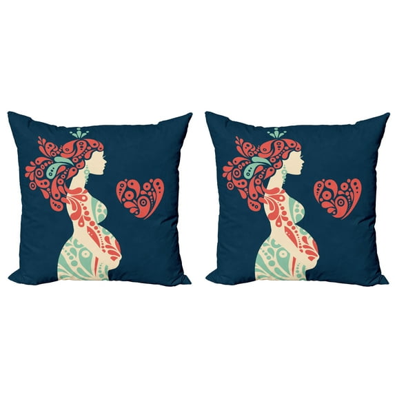 Ambesonne Abstract Throw Pillow Cover 2 Pack, Pregnant Woman and Heart, 24", Night Blue Coral Cream