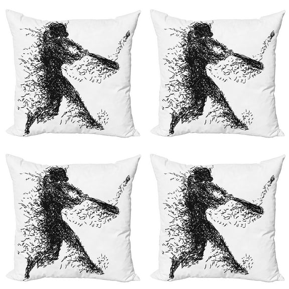 Ambesonne Abstract Throw Pillow Cover 4 Pack, Baseball Player, 18", Charcoal Grey White
