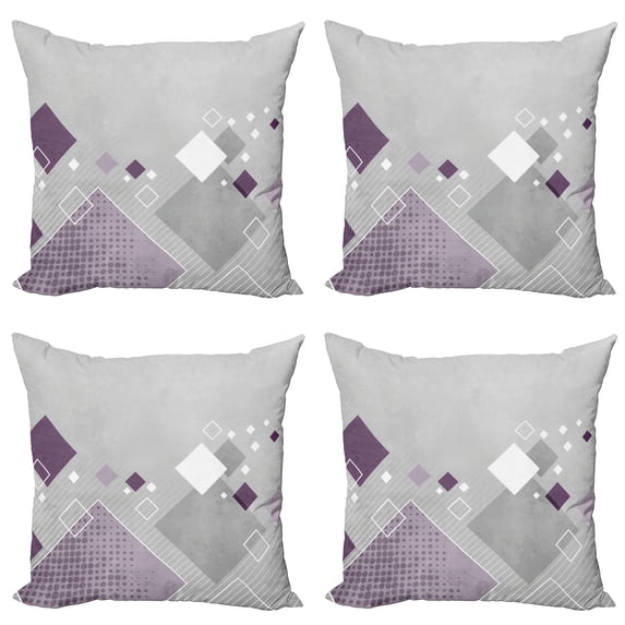 Ambesonne Abstract Throw Pillow Cover 4 Pack, Colorful Squares Dots, 16", Purple White Grey