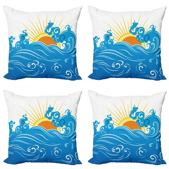 Ambesonne Abstract Throw Pillow Cover 4 Pack, Curved Ocean Waves Sun, 18", Blue Yellow Orange