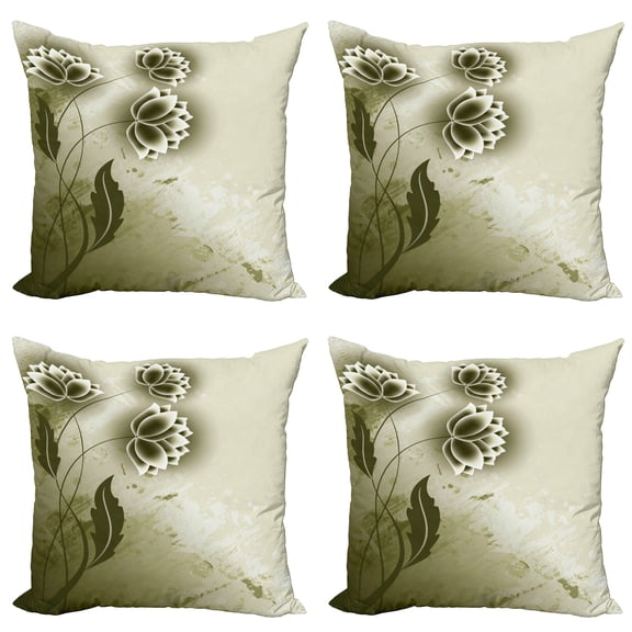 Ambesonne Abstract Throw Pillow Cover 4 Pack, Grey Flowers Ivy Leaf, 20", Olive Green Dark Green