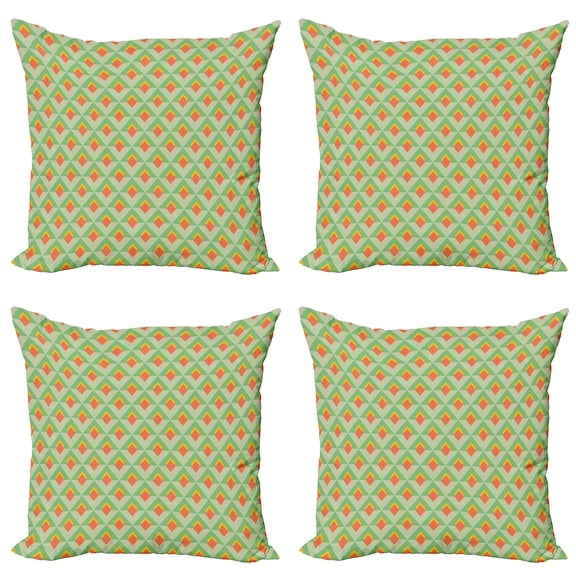 Ambesonne Abstract Throw Pillow Cover 4 Pack, Vivid Rhombus Pattern Line, 16", Pale Green Orange
