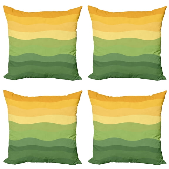 Ambesonne Abstract Throw Pillow Cover 4 Pack, Wavy Lines Waves Earth, 18", Reseda Green Mustard