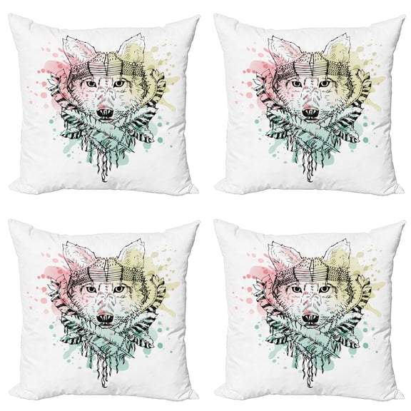 Ambesonne Abstract Throw Pillow Cover 4 Pack, Wild Tribe Animal Wolf, 16", Multicolor