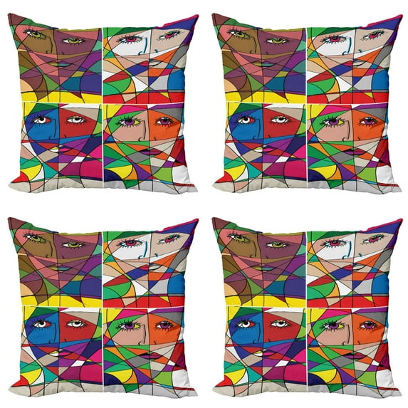 Ambesonne Abstract Throw Pillow Cover 4 Pack, Woman Face in Glass, 16", Multicolor