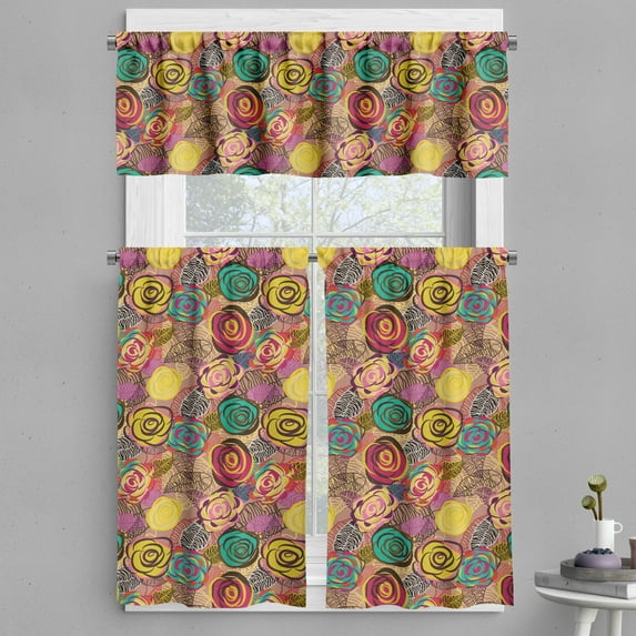 Ambesonne Abstract Valance & Curtain, Colorful Rose Blossoms, 55"x30", Multicolor