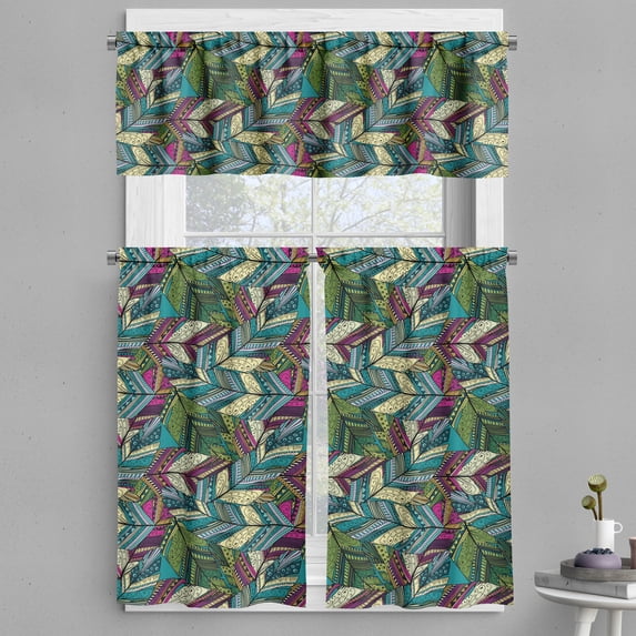 Ambesonne Abstract Valance & Curtain, Exotic Feather Pattern, 55"x30", Teal Purple Cream