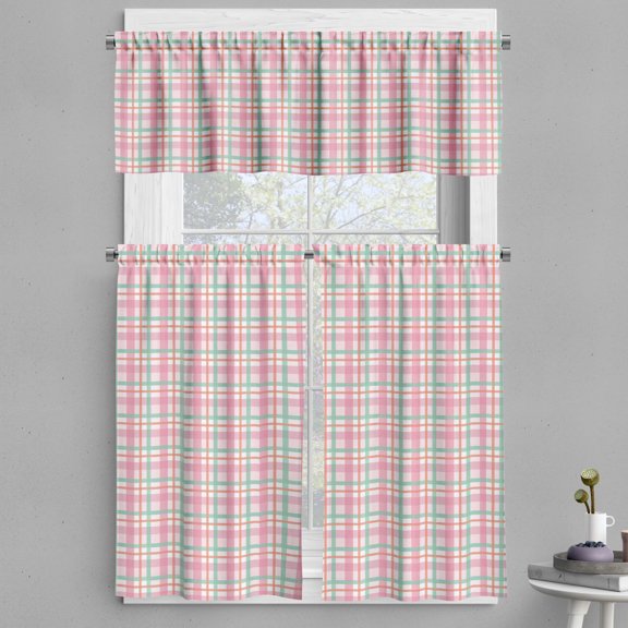 Ambesonne Abstract Valance & Curtain, Pastel Color Checkered, 55"x36", Mint Salmon Pale Pink
