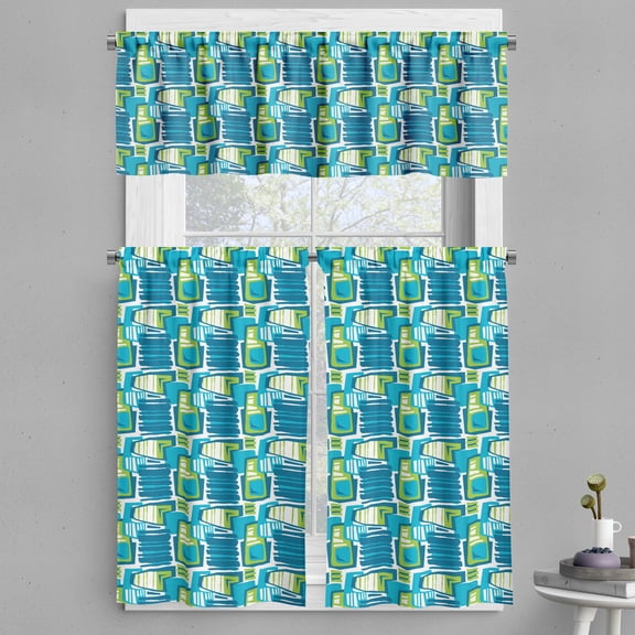 Ambesonne Abstract Valance & Curtain, Quirky Doodle Shapes Lines, 55"x36", Sea Blue Apple Green
