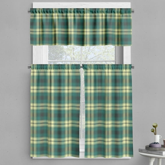 Ambesonne Abstract Valance & Curtain, Teal and Cream Tartan Line, 55"x30", Dark Teal Cream and Grey