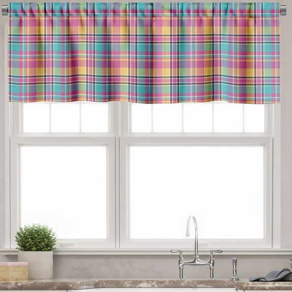 Ambesonne Abstract Valance Pack of 2, Colorful Tartan Plaid Art, 54"X12", Magenta Peach Turquoise