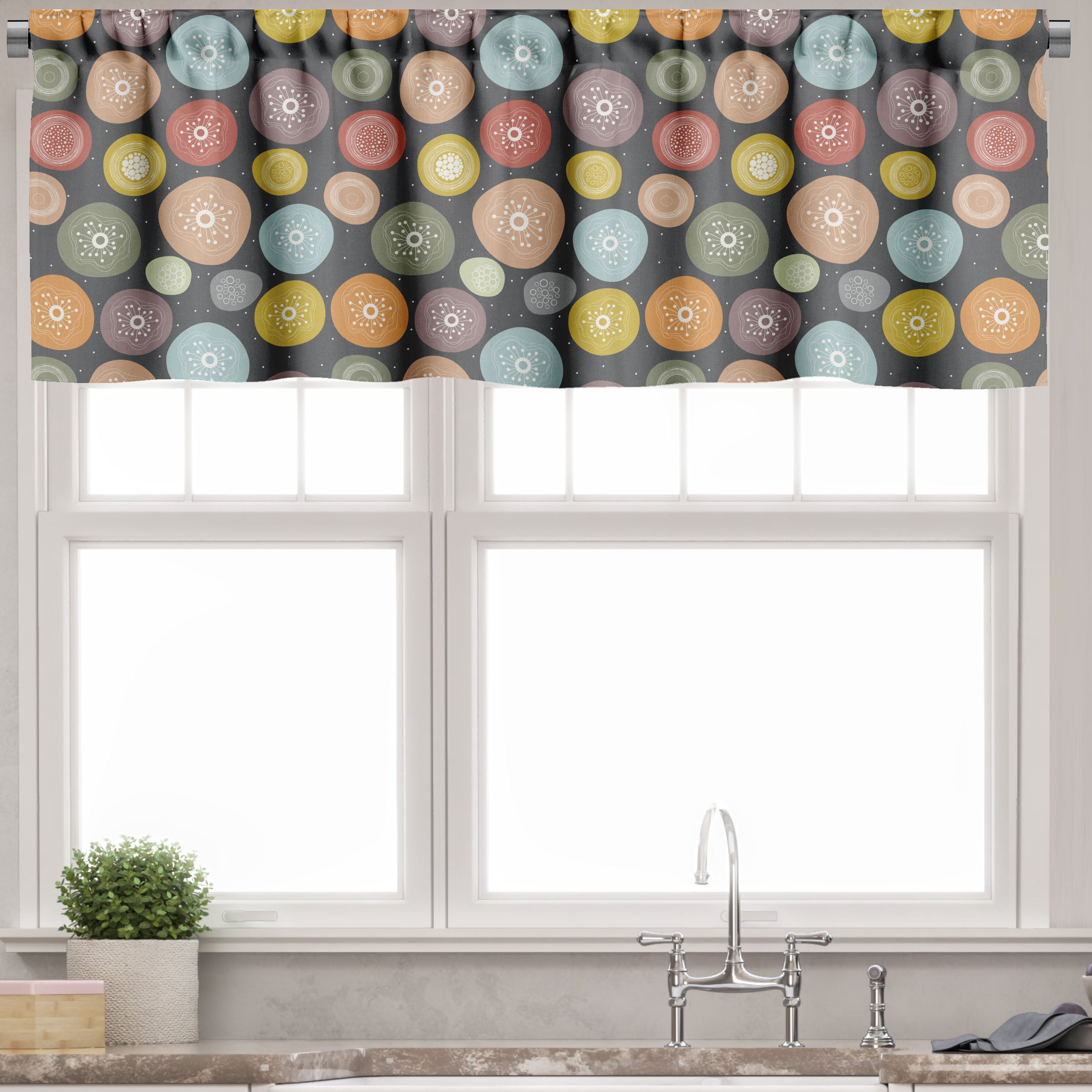 Dark Grey and Multicolor Satin Rod Pocket Valance Set
