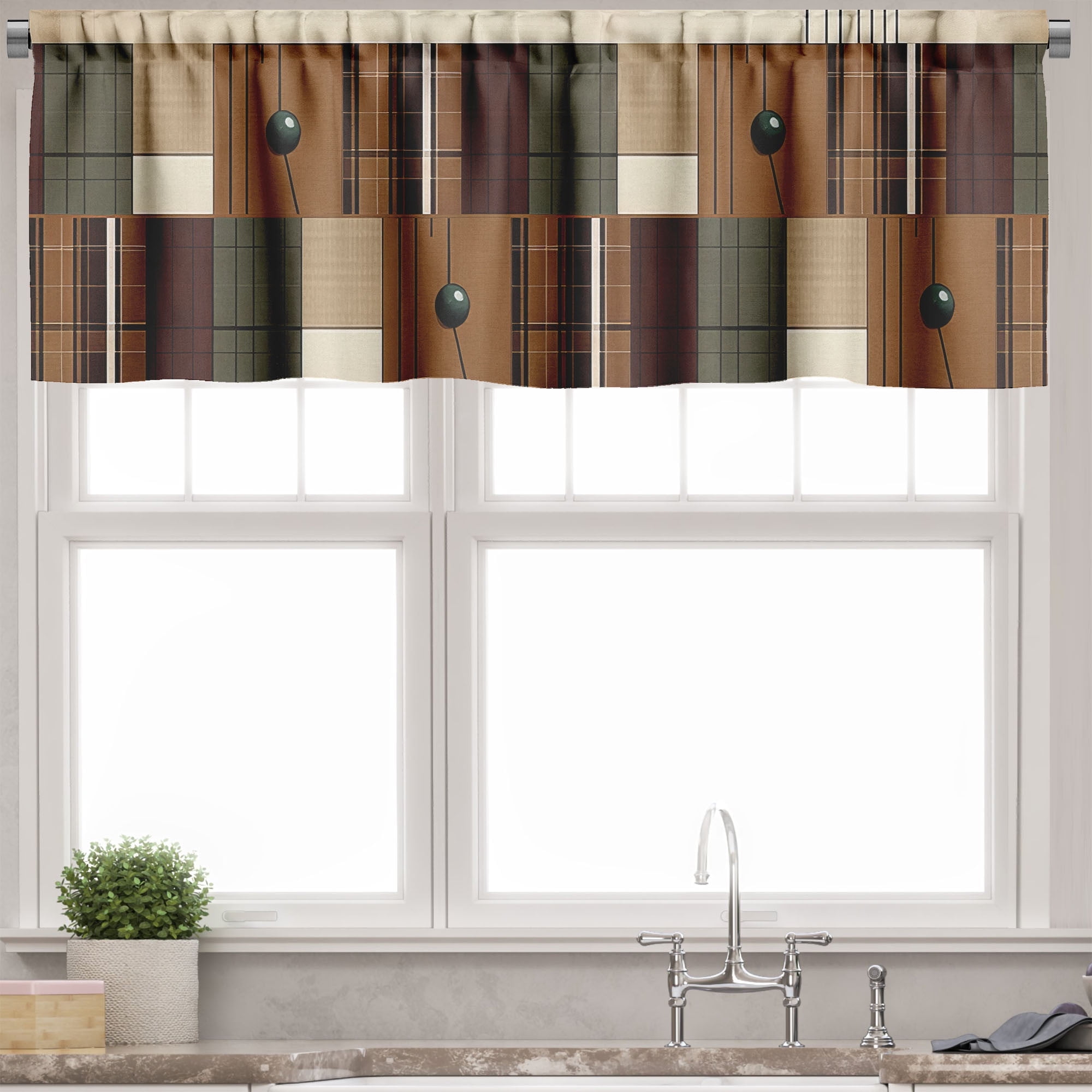Caramel Sage Green Maroon Plaid Satin Rod Pocket Valance