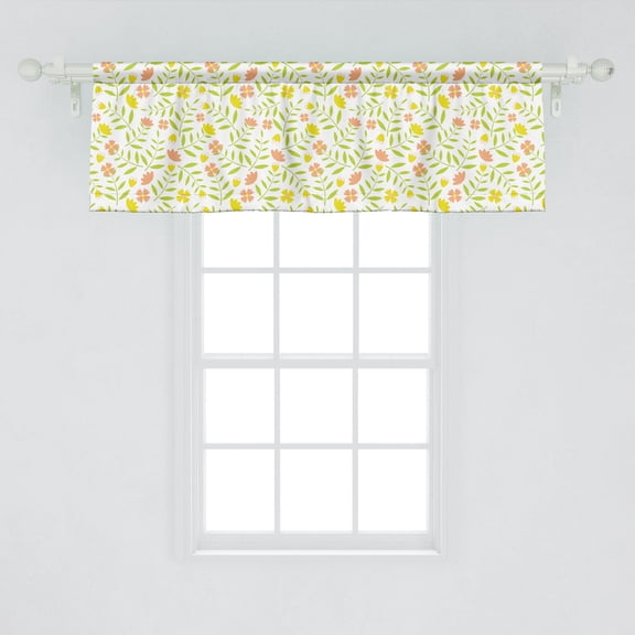 Ambesonne Abstract Window Valance, Nursery Concept of Tiny Twiggy Tulips and 4 Petal Flowers, Curtain Valance for Kitchen Bedroom Decor with Rod Pocket, 54" X 18", Yellow Green Salmon