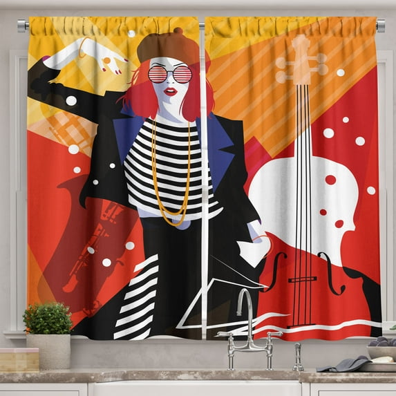 Ambesonne Abstract Woman Kitchen Curtains, Music Theme, 55"x45", Vermilion Multicolor