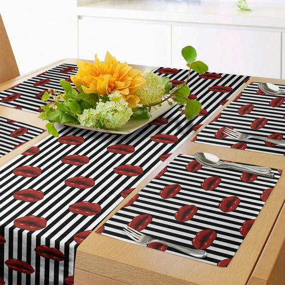 Ambesonne Abstract Woman Table Runner & Placemats, Stripes and Lips, Placemat 4 pcs + Runner 16"x90", Charcoal Grey Ruby White