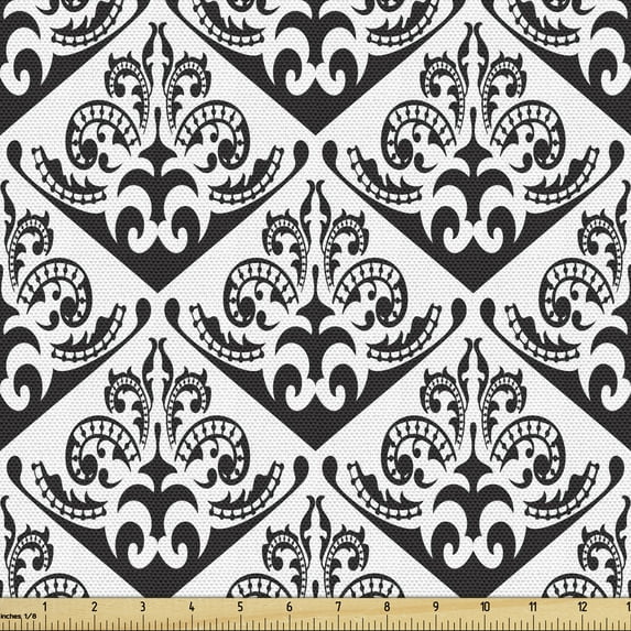Ambesonne Acanthus Fabric by the Yard Upholstery, Victorian Gothic Motif, 1 Yard, Charcoal Grey and White