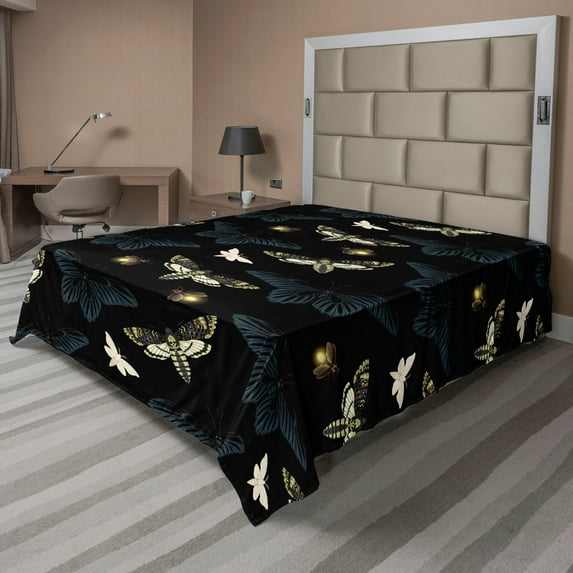 Ambesonne Acherontia Flat Bedding Sheet Soft Top Sheet, Dreamy Esoteric Moth Art, Queen, Charcoal Grey Cream