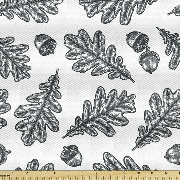 Ambesonne Acorn Fabric by the Yard Upholstery, Engraving Oak Leaves, 2 Yards, Charcoal Grey and White