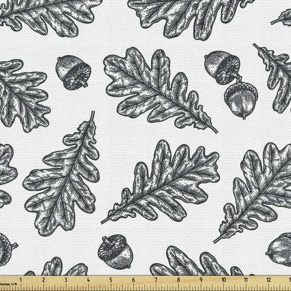 Ambesonne Acorn Fabric by the Yard Upholstery, Engraving Oak Leaves, 3 Yards, Charcoal Grey and White