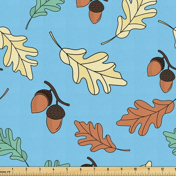 Ambesonne Acorn Fabric by the Yard Upholstery, Oak Tree Leaves Fall Season, 2 Yards, Blue and Multicolor