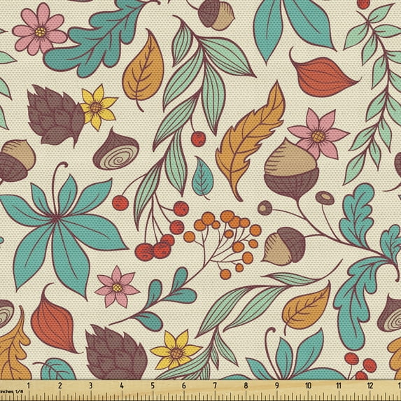 Ambesonne Acorn Fabric by the Yard Upholstery, Seasonal Nuts and Berries, 10 Yards, Multicolor