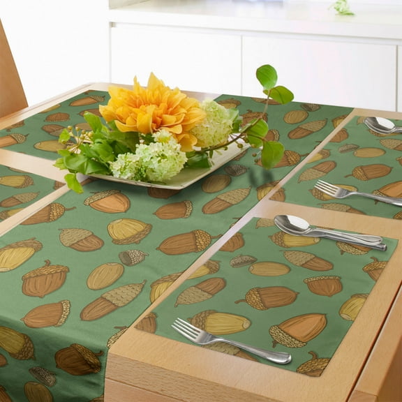 Ambesonne Acorn Table Runner & Placemats, Autumn Nature Flora Pattern, Placemat 4 pcs + Runner 16"x90", Dark Yellow Brown