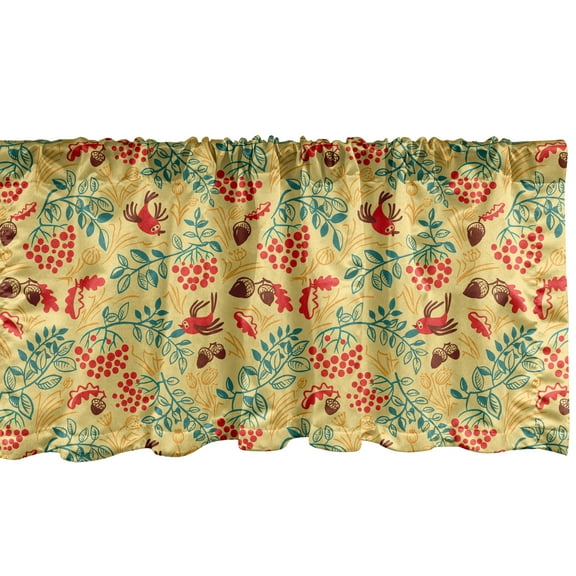 Ambesonne Acorn Window Valance, Doodle Woodland Animals of Wild Nature Composition Colorful Leaves Birds and Berries, Curtain Valance for Kitchen Bedroom Decor with Rod Pocket, 54" X 12", Multicolor
