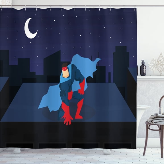 Ambesonne Action Shower Curtain, Cloaked Man Print Artwork, 69"Wx70"L, Night Blue Dark Pink