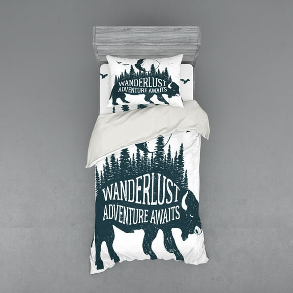 Ambesonne Adventure Bedding Set 3 Pcs, Buffalo Forest Moon, Twin, Dark Petrol Blue White