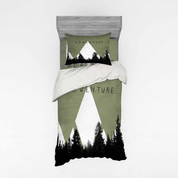 Ambesonne Adventure Bedding Set 3 Pcs, Forest Halftone Style, Twin XL, Army Green Black White