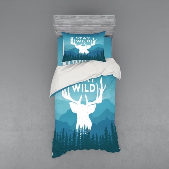 Ambesonne Adventure Bedding Set 3 Pcs, Scenic Wild Forest, Twin, Pale Blue Dark Blue