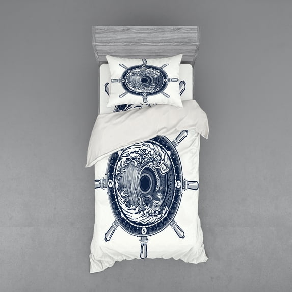 Ambesonne Adventure Bedding Set 3 Pcs, Sea Compass Tsunami, Twin, Dark Blue White