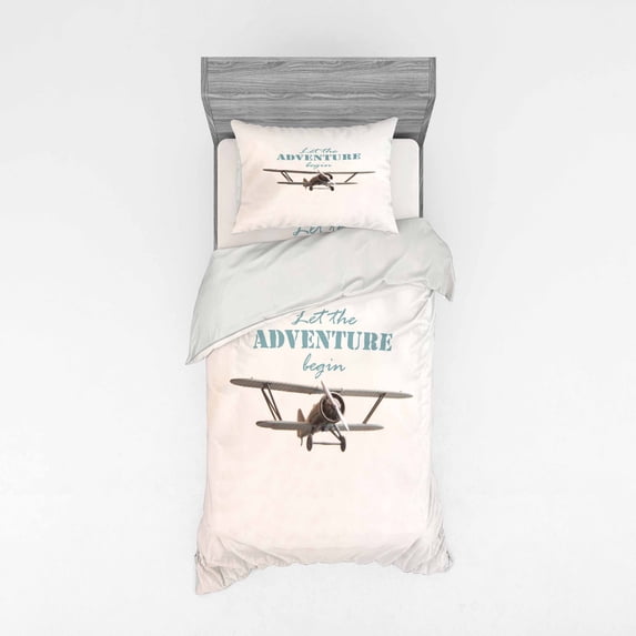 Ambesonne Adventure Bedding Set 3 Pcs, Tropical Summer Plane, Twin, Cream Turquoise Tan