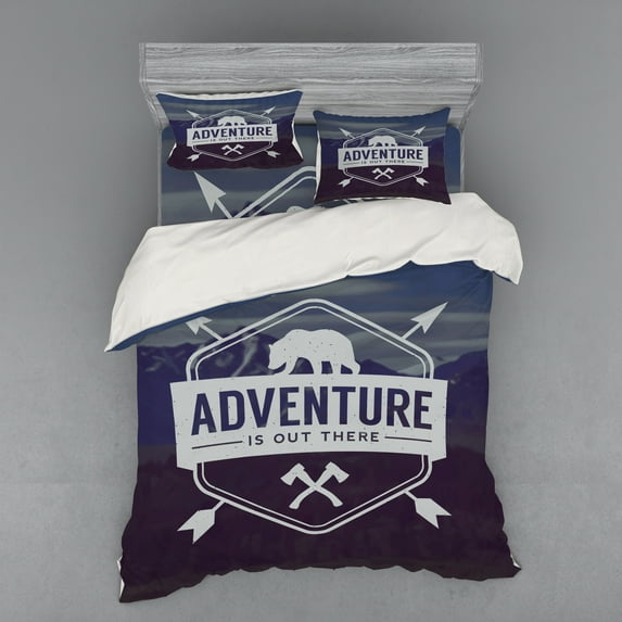 Ambesonne Adventure Bedding Set 4 Pcs, Bear Mountain Logo, Queen, Stale Blue