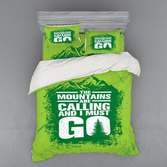 Ambesonne Adventure Bedding Set 4 Pcs, Grungy Mountains Text, Queen, Lime Green Fern Green