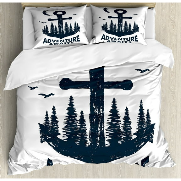 Ambesonne Adventure Duvet Cover Set, Anchor Hand Drawn Art, 2-Calking, Indigo