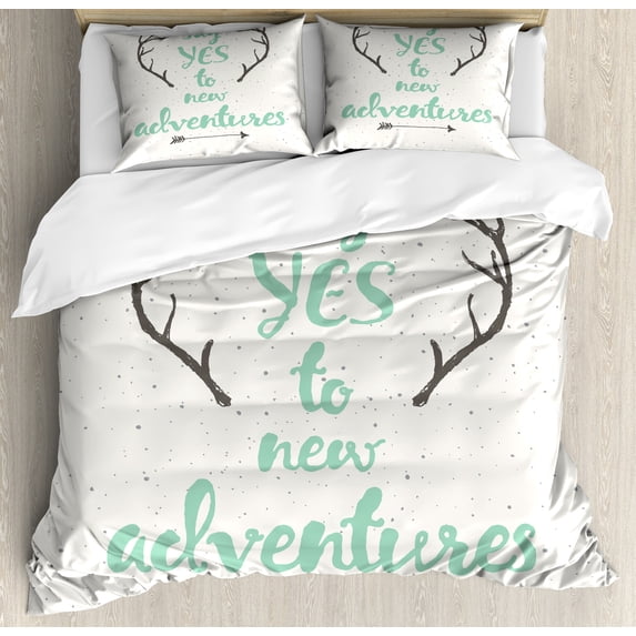 Ambesonne Adventure Duvet Cover Set, Words Antlers Arrows, 2-Calking, Charcoal Grey Sea Green