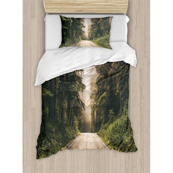 Ambesonne Adventure Duvet Cover Sets, California USA Roads, 2-Twin, Forest Green Grey