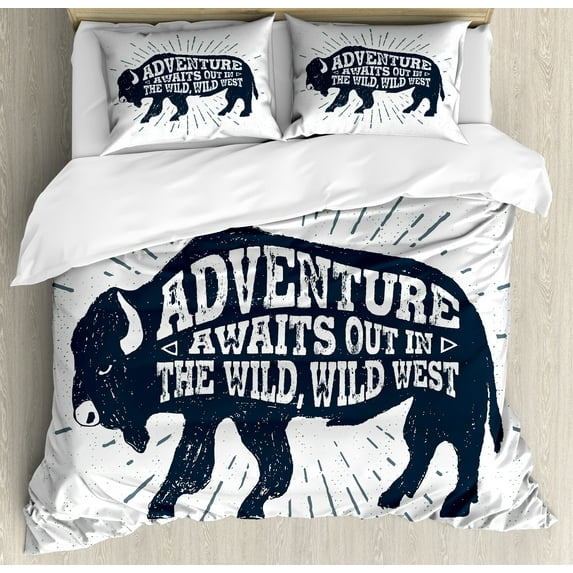 Ambesonne Adventure Duvet Cover Sets, Tribal Words Trees, 2-Queen, Petrol Blue White