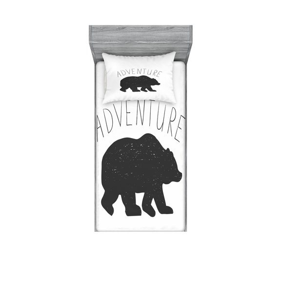 Ambesonne Adventure Fitted Sheet & Pillow Sham Set, Wild Bear Nature Love, Twin, Charcoal Grey White