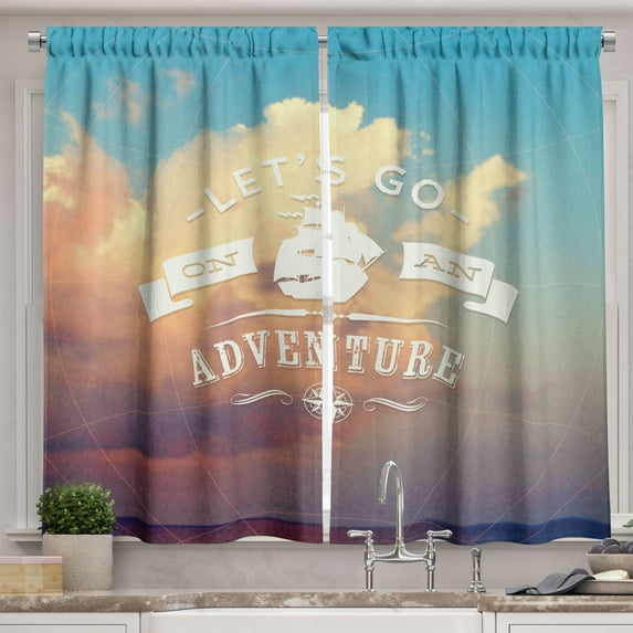 Ambesonne Adventure Kitchen Curtains, Lets Go on Clear Sky, 55"x39", Sky Blue Cream
