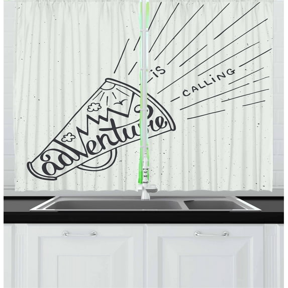 Ambesonne Adventure Kitchen Curtains, Mountains Birds Sun, 55"x39", Black White