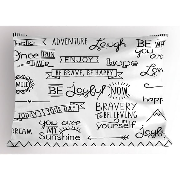 Ambesonne Adventure Pillow Sham, Various Happy Words Theme, 26" X 20", White Black