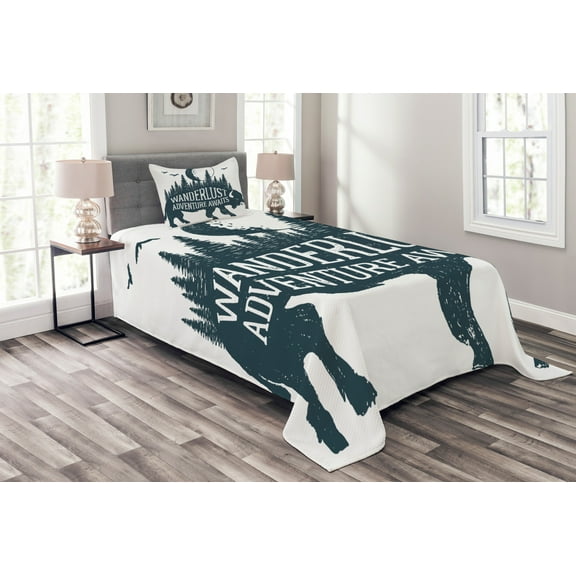 Ambesonne Adventure Quilted Bedspread Set 2 Pcs, Buffalo Forest Moon, Twin Size, Dark Petrol Blue White