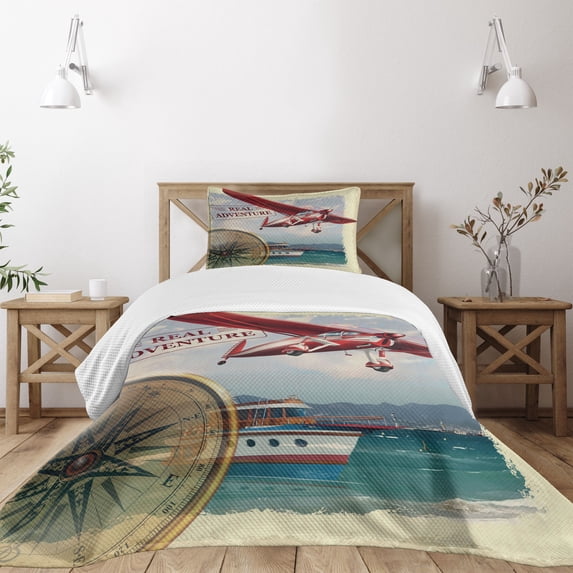 Ambesonne Adventure Quilted Bedspread Set 2 Pcs, Coastline Red Plane, Twin Size, Multicolor